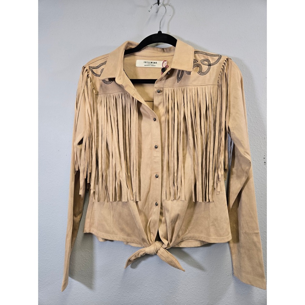 Idyllwind Western Fringe Faux Suede Embroidered Tie Front Shirt Tan Small - Picture 2 of 9